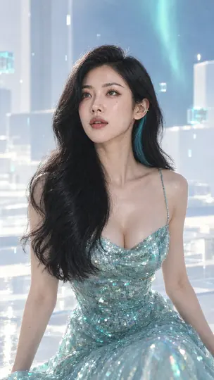Block Zero season: Bai Sichen in a cyan sequin dress in the white genesis space