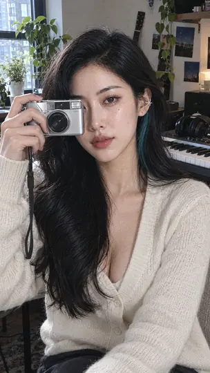 Bai Sichen holding a silver film camera in front of half her face