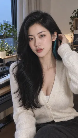 Bai Sichen in her recording corner tucking her hair behind her left ear to show the cyan streak