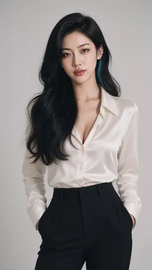 Bai Sichen half length, hands in pockets, a beauty mark under her left eye
