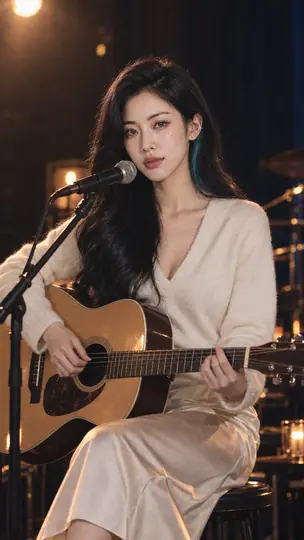 Bai Sichen playing acoustic guitar on a small live-house stage
