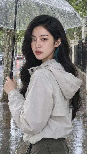 Bai Sichen with a clear umbrella on a rainy plane-tree street in Shanghai