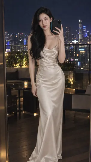 Bai Sichen in a champagne satin gown, taking a mirror selfie on a rooftop at night